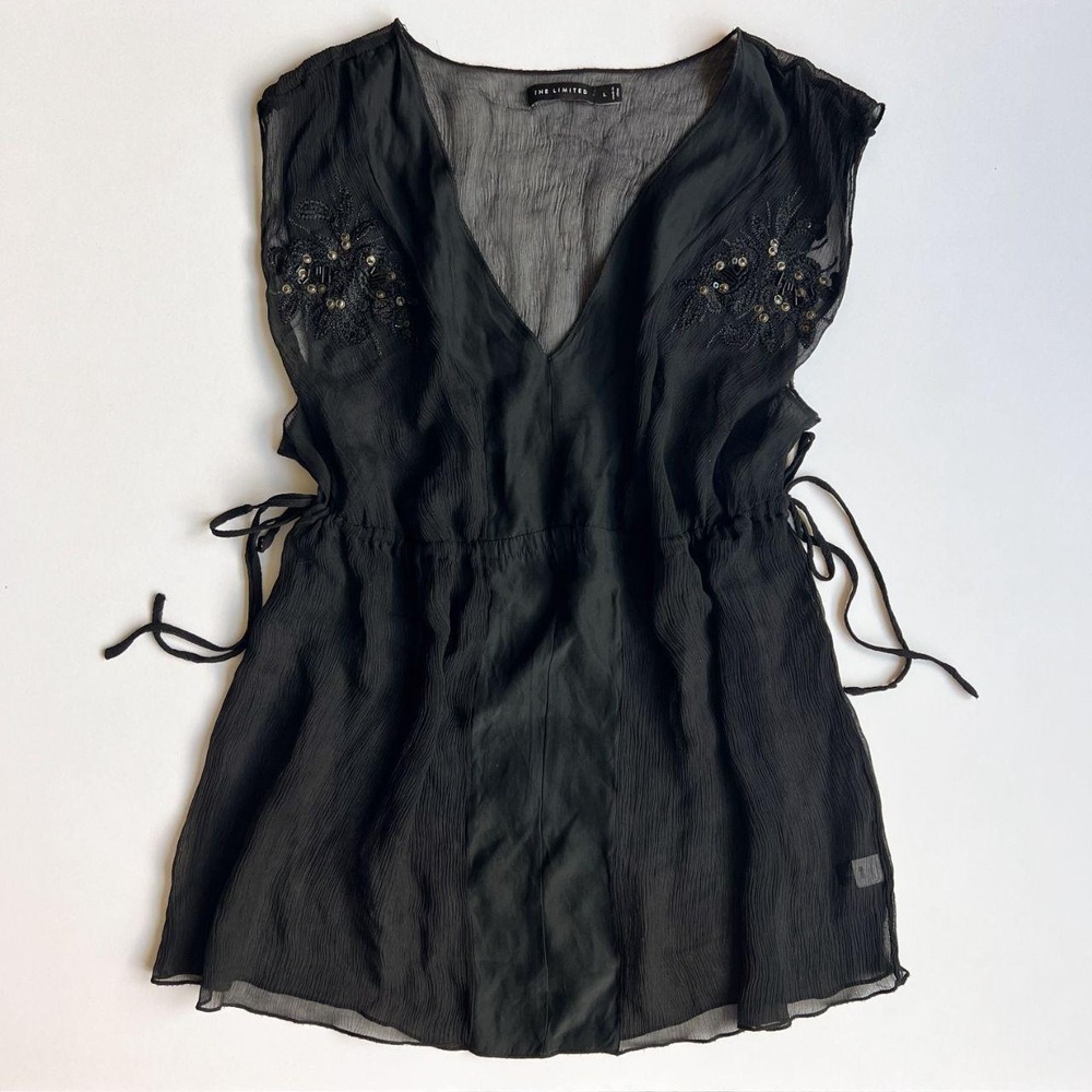 The Limited Silk Sheer Black Embroidered Top